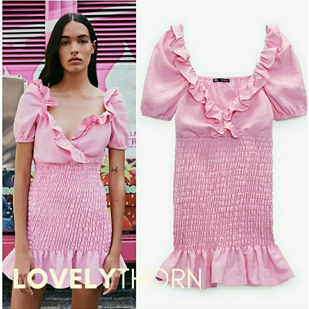 ZARA // barbie pink puff sleeve ruffle detail smocked mini dress